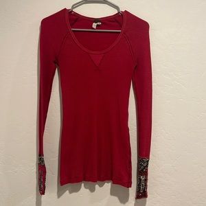 Free People Thermal with Red & Black Sleeve Detail